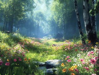 Poster - Sunlit Forest Path Lined with Vibrant Wildflowers and a Trickling Stream