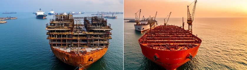 Two ships in a shipyard, showcasing the process of shipbuilding and repair against a serene ocean backdrop during sunrise.