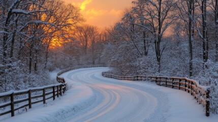 Poster - A winding road blanketed in fresh snow curves through a tranquil winter landscape. Trees line the path, with a stunning sunset providing a warm glow against the cold surroundings.