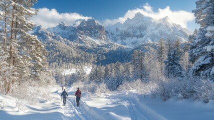 Aufkleber - Two individuals are trekking through a serene snowy landscape surrounded by tall trees and stunning mountain peaks under a clear blue sky.