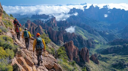 Aufkleber - Groups of hikers navigate rocky terrain surrounded by breathtaking mountain formations and clouds on a bright day, embracing the outdoor adventure.