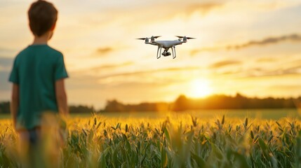 A farmer using a drone to monitor crops and optimize irrigation, showcasing the application of smart technology in agriculture for increased efficiency.