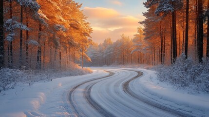 Poster - A winding road stretches through a snow-covered forest, where trees glow with warm light from the setting sun. The sky is soft and serene, enhancing the peaceful atmosphere.