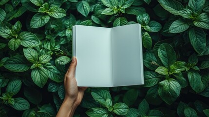 Poster - Open Notebook Held in Hand Amidst Lush Green Foliage