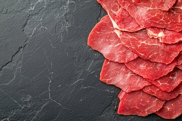 Fresh Beef Slices on Dark Slate Background