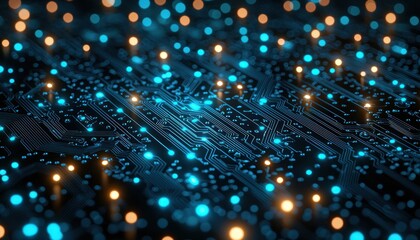 Poster - Close-up of a Circuit Board with Blue and Orange Lights