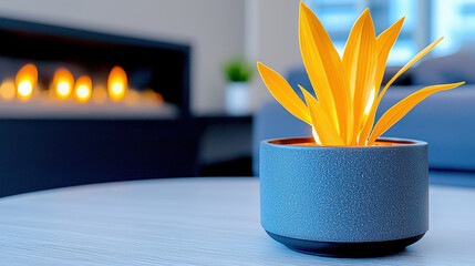 vibrant yellow plant in textured gray pot, set against cozy living room backdrop with fireplace. warm ambiance creates welcoming atmosphere