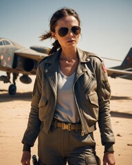 Woman in a Desert with a Fighter Jet in the Background