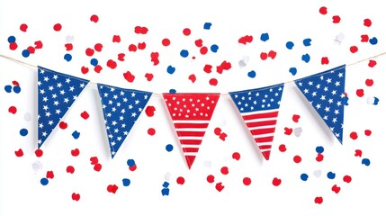 4th of July bunting flags and confetti in patriotic colors isolated on white background