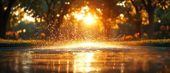 Aufkleber - Golden Sunlight Reflecting on a Water Surface with Raindrops