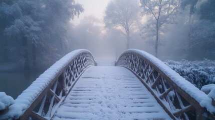 Poster - A wooden bridge blanketed in fresh snow invites visitors on a cold winter morning. Fog envelops the trees, creating a tranquil and peaceful atmosphere at dawn.