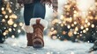 © chusnul - A person walking in snow, wearing cozy boots, surrounded by festive lights and trees.