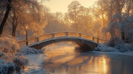 Aufkleber - Morning light casts a warm glow over a snowy riverbank, highlighting a decorative bridge adorned with fresh snow. Lanterns stand silent amid the winter beauty.