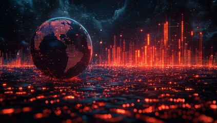 Fototapete - A glowing Earth globe against a backdrop of a digital city skyline.