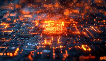 Poster - Illuminated Circuit Board with Orange Lights and Bokeh