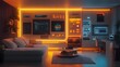 © pongtap - Futuristic living room with neon accents and advanced technology features