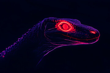 Futuristic neon silhouette of a komodo dragon with glowing red eyes isolated on black background.