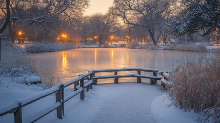 Poster - A serene winter morning reveals a frozen pond encased in snow, with warm lights illuminating the path and trees surrounding the water, creating a peaceful ambiance.