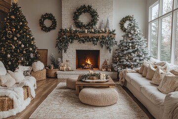 Wall Mural - burning fireplace warming christmas living room with decorated christmas trees