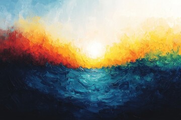 Abstract Oil Painting Depicting a Sunset Over a Body of Water