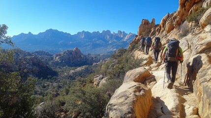 Poster - A group of hikers ascends a rugged mountain path, surrounded by striking rock formations and distant peaks under a clear blue sky. The landscape offers a breathtaking view.