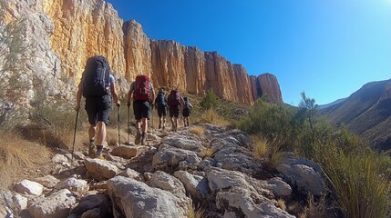 Poster - A group of hikers makes their way along a rocky trail, surrounded by towering cliffs under a clear blue sky. The scenery is vibrant and inviting for outdoor enthusiasts.