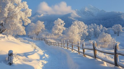 Poster - Snow blankets a winding path surrounded by vibrant frosty trees and distant mountains. The serene winter atmosphere invites exploration and contemplation.