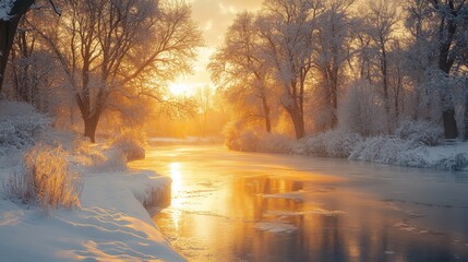 Aufkleber - The serene landscape showcases a frozen river reflecting the soft golden light of the sunrise. Snow-covered trees and soft glow create a peaceful winter atmosphere.