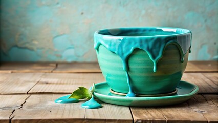 Colorful cyan slime oozing from a cracked ceramic planter, plant pot, natural, nature, greenery, cyan