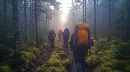 Aufkleber - A group of hikers walks along a narrow trail enveloped in fog, with towering trees creating a serene atmosphere and vibrant moss covering the ground.