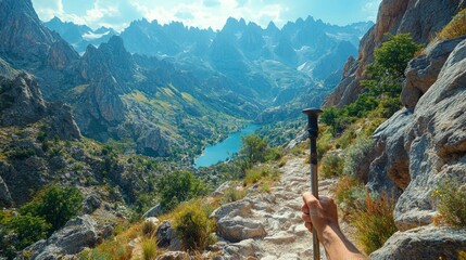 Aufkleber - A hiker navigates a rocky path with a trekking pole in hand, surrounded by majestic mountains and a sparkling river below, showcasing nature's beauty on a clear day.