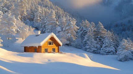 Aufkleber - A rustic wooden cabin stands peacefully amid a blanket of fresh snow, surrounded by tall, frosted trees at dawn. The soft light enhances the tranquil atmosphere.