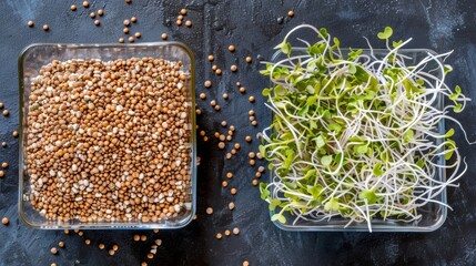 Wall Mural - A before and after shot of soaking dried buckwheat seeds and the same seeds sprouted and ready to eat emphasizing the simple sprouting process.