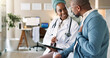 © peopleimages.com - Tablet, patient and consultation with happy doctor for healthcare or chest exam results. African people, technology and medical professional explain treatment for lung wellness and help in hospital