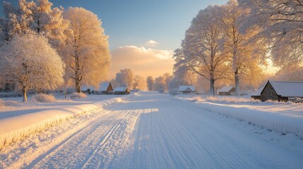 Poster - The quiet country road is blanketed in fresh snow, lined by frosted trees and charming cottages, basking in the warm glow of the rising sun.
