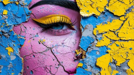 Colorful Eye Makeup Close Up with Cracked Paint Background