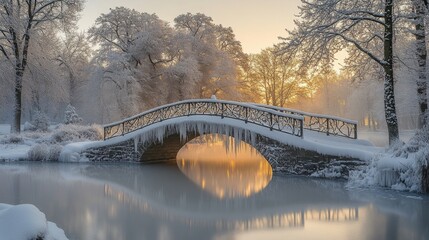 Poster - Golden sunlight breaks through the frosty trees, illuminating a snow-covered bridge that arches over a frozen lake, creating a peaceful winter scene.