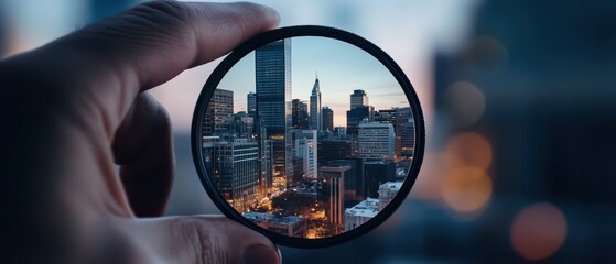 Canvas Print - A hand holding a circular lens reveals a stunning cityscape at twilight, showcasing skyscrapers and urban lights.