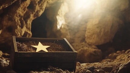 Wooden manger and star of Bethlehem in cave, nativity scene background. Christian Christmas concept. 