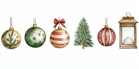 Canvas Print - Watercolor Christmas ornaments featuring festive designs, red and green colors, perfect for holiday decor.