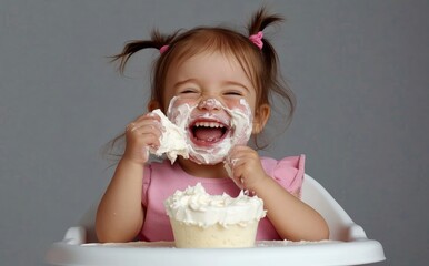 A cute little girl sitting in her high chair, covered with white cream on her face and hair from eating pureed food