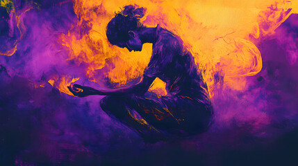 Aufkleber - A silhouette of a person amidst vibrant purple and orange hues, conveying a sense of introspection and emotional depth.