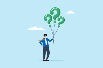 Poster - flat illustration of doubtful businessman hold question mark balloon finding and searching solution 