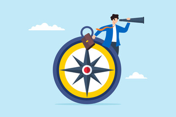 Poster - Flat illustration of businessman look telescope on compass find and guidance direction business growth investment opportunity decision leadership or visionary