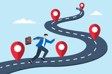 Poster - Flat illustration of businessman run on business roadmap marked with milestone pin project success journey achievement workflow timeline process step planning progress
