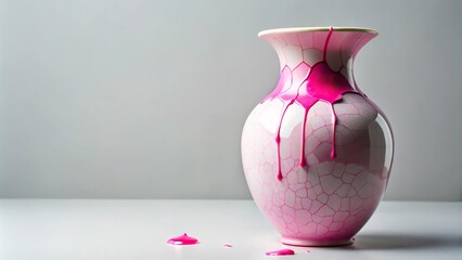 Pink liquid dripping from a cracked porcelain vase, dripping, gentle fall, antique item, delicate object, cracked vessel