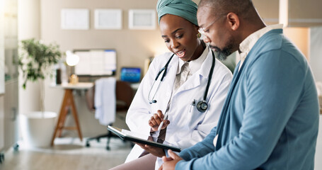 Tablet, patient and consultation with doctor for healthcare, insurance or exam results. African people, technology and medical professional explain treatment for wellness, checkup and help in clinic