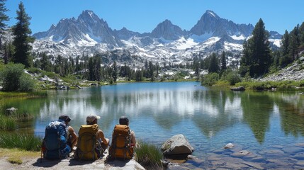 Aufkleber - Three outdoor enthusiasts rest by a tranquil lake, taking in the stunning reflections of towering snow-covered mountains under a bright blue sky.