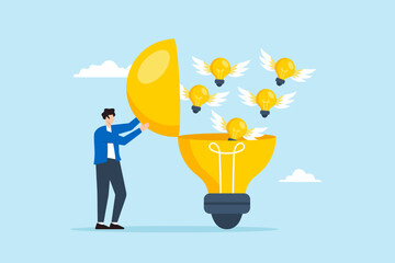 Poster - Flat illustration of man open lightbulb to develop and generate new flying idea generation creativity innovation inspire invention knowledge imagination wisdom solution