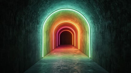 A dark tunnel illuminated by vibrant neon arches, creating a captivating and colorful atmosphere that draws the viewer's gaze forward.